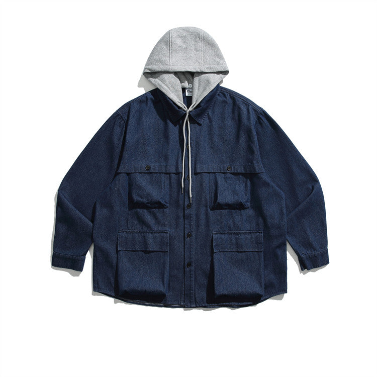 Denim Field Shirt Jacket with Fleece Hood